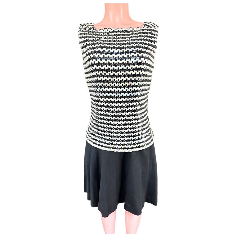 Vintage Carol Craig 80s Formal Sequin Drop Waist Dress Medium ILGWU Black White